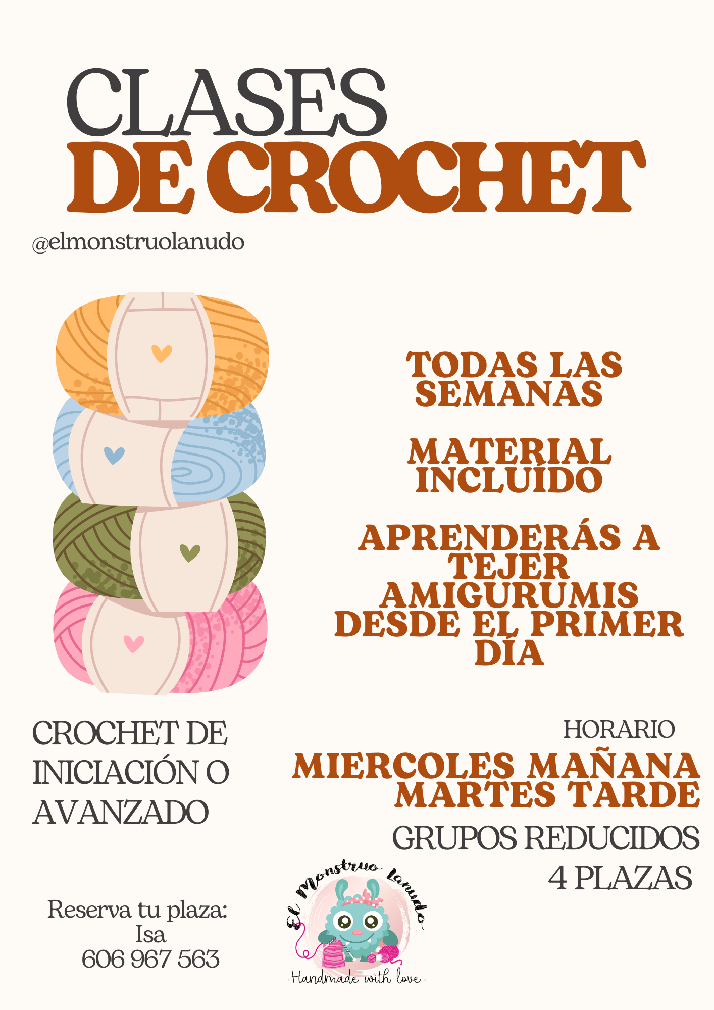 Cartel informativo clases de ganchillo La Nucía. Horarios, información